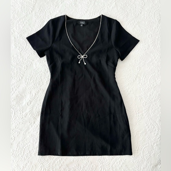 NWOT Lulus Charming Sparkle Black Rhinestone Bow Short Sleeve Mini Dress Small - Picture 2 of 8